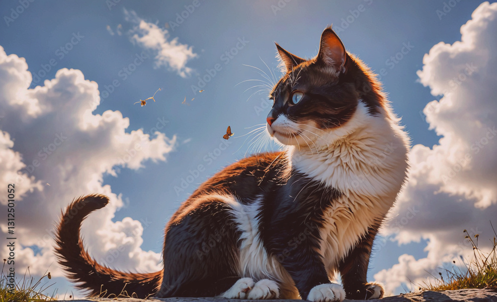Poster cat is sitting on a rock with its tail curled up. the sky is cloudy and the cat is looking up at som