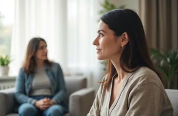 Two women in calm office. Therapist listens patient radiating understanding. Counseling psychology session, mental health support, pro care, compassion, help, safe trust environment in calmness,