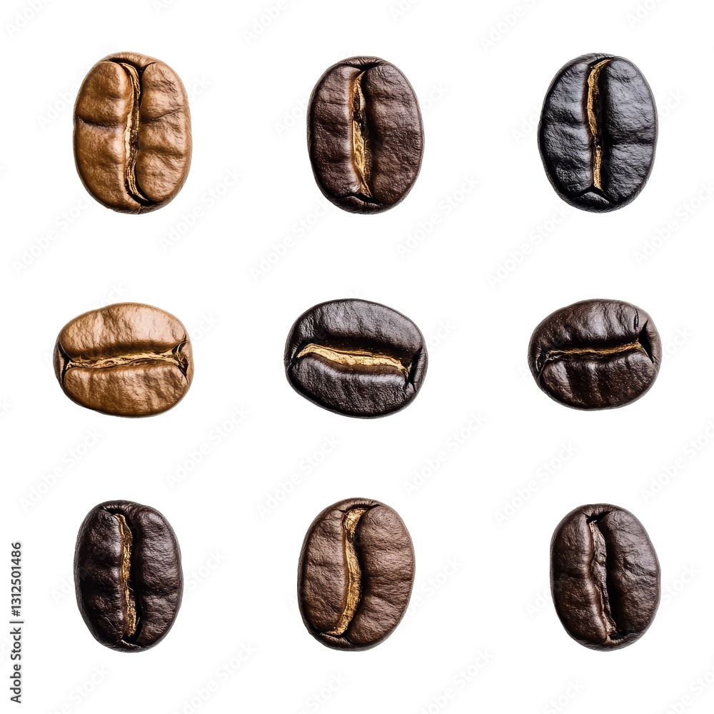 Poster different angles of isolated coffee beans showcase unique colors and textures in a layout, different