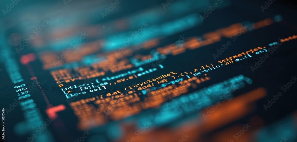 Poster coding abstract background. programming online in digital world. analytics business data on pc scree