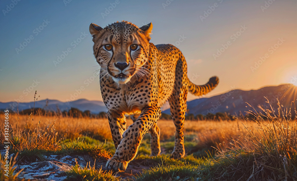 Poster cheetah is walking through a field with mountains in the background. the sun is setting, casting a w