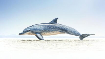 Fototapeta premium Spotted Dolphin Leaping on Sandy Beach Under Bright Sky