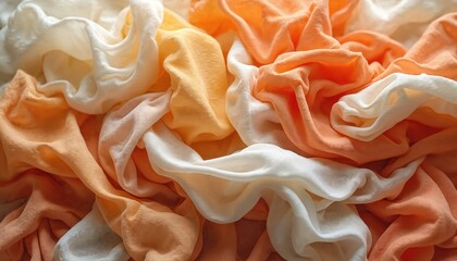 Pile of peach, orange, white chiffon fabric. Soft colorful crumpled cloth texture. Elegant draped textile background for fashion, sewing, wedding decor concepts. Flowing material surface, generative