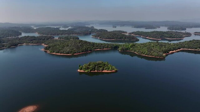Aerial view of the beautiful lush green and backwaters of Sharavathi river in Sagar Taluk of the Karnataka state, India near Sigandur Chowdeshwari Temple.