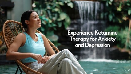 Ketamine Clinic advertisement with patient smiling and relaxing during ketamine therapy for anxiety and depression