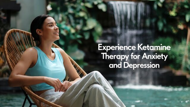 Ketamine Clinic advertisement with patient smiling and relaxing during ketamine therapy for anxiety and depression