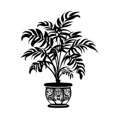Silhouette of a potted plant Majesty Palm with ornate design on white background. Graphic style, concept of nature and decoration
