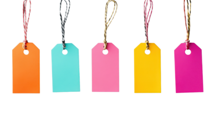 Five colorful hanging tags on transparent background