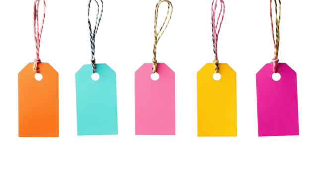 Five colorful hanging tags on transparent background