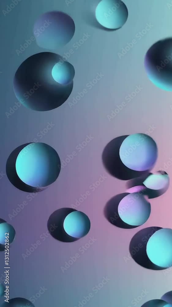 Poster dynamic flow of floating spheres in soothing pastel tones with soft shadows and gradients