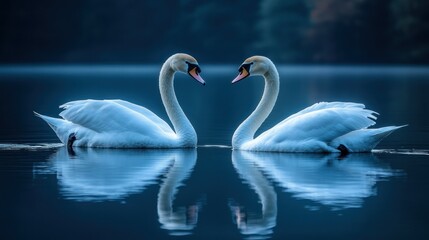 Fototapeta premium Two swans in love on a still lake