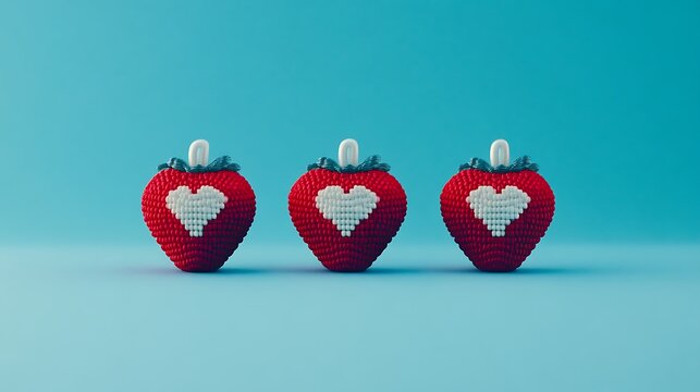 Three Pixel-Art Strawberries with Hearts on Blue Background for Valentine?s Day or a food blog