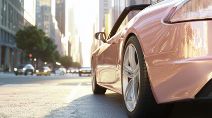 Pink Sports Car on Busy City Boulevard in Mid Afternoon Light