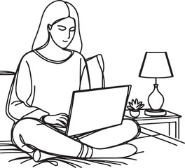 Work from Home Concept. Line Drawing of Woman on Laptop Vector Art
