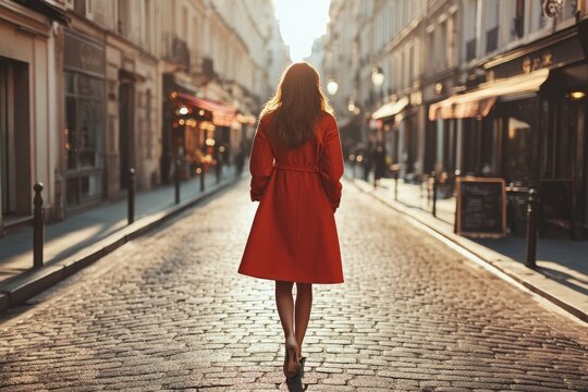 stylish woman in perfectly tailored cherry-red vintage trench coat walks confidently along sunlit european boulevard