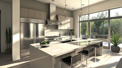 Fototapeta premium Modern kitchen interior design featuring stainless steel appliances and island
