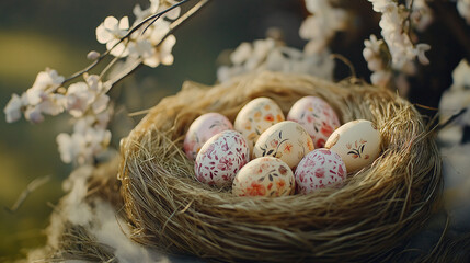 A beautifully arranged basket filled with hand-painted Easter eggs, soft pastel colors, straw nest, and delicate spring flowers, cinematic lighting 