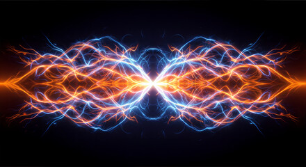 Vibrant digital visualization of electric energy with contrasting blue and orange lightning bolts against a black background, creating a powerful visual representation of opposing forces.