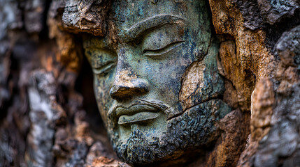 Obraz premium Serene Stone Face Embedded in Tree Bark Capturing Nature's Beauty and Artistry in Harmony with Earth and Time