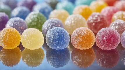 A bunch of colorful jelly beans are arranged in a row. The jelly beans are of different colors and sizes, creating a visually appealing display. Concept of fun and indulgence