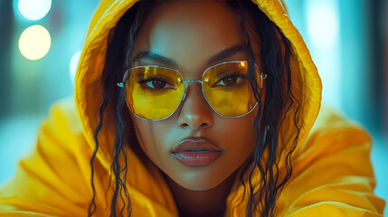Stylish girl in yellow tracksuit with hood up and sunglasses