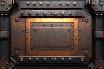 Fototapeta premium Steampunk aesthetic rusty metal panel with rivets and screws background