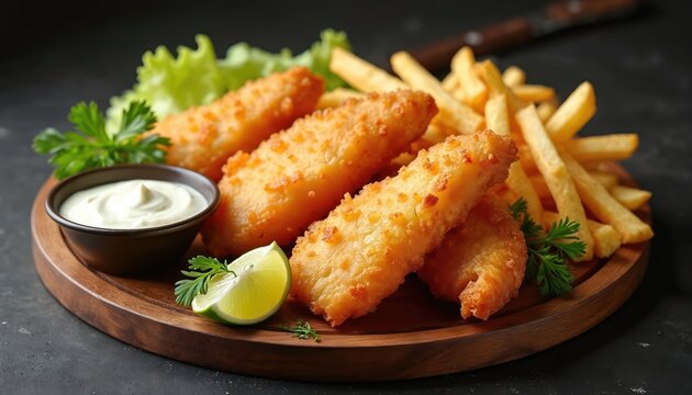 Golden fried fish fillets and french fries on wooden platter. Served with sauce, lime and salad. Tasty fast food, traditional fish and chips, snack for party or bar.