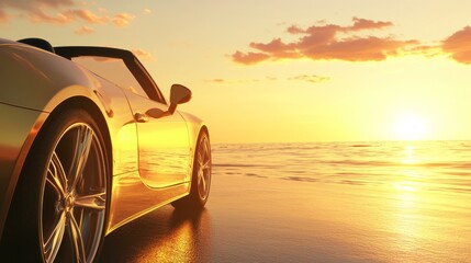 Sunset View of Coastal Boulevard with Sports Car Against Ocean Waves