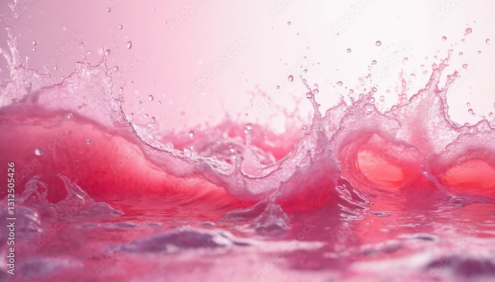 Poster Macro photo of dynamic pink water wave with splatters. Fluid motion background with ripples, splashes. Liquid texture, strawberry color. Abstract art, illustration, design element for backgrounds.