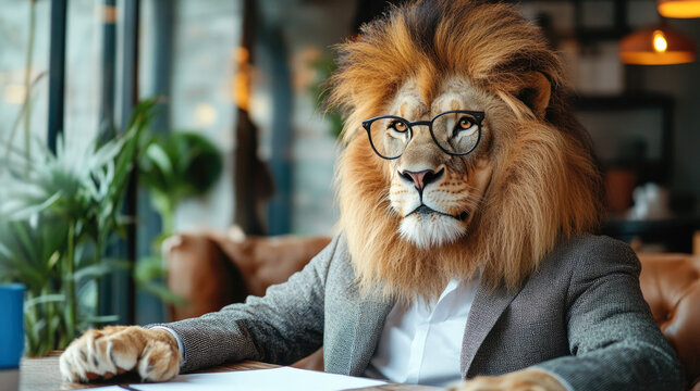 Lion in business suit with glasses in office setting
