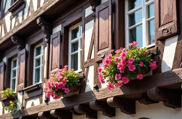 Fototapeta premium Traditional half-timbered facade with flowers boxes. Frame house in Wernigerode Germany. Historic architecture with ornate carvings, colorful window shutters. German memorial building features