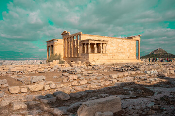 Ancient Erechtheion Greek temple with Porch of the Caryatids on the north side of the Acropolis in...