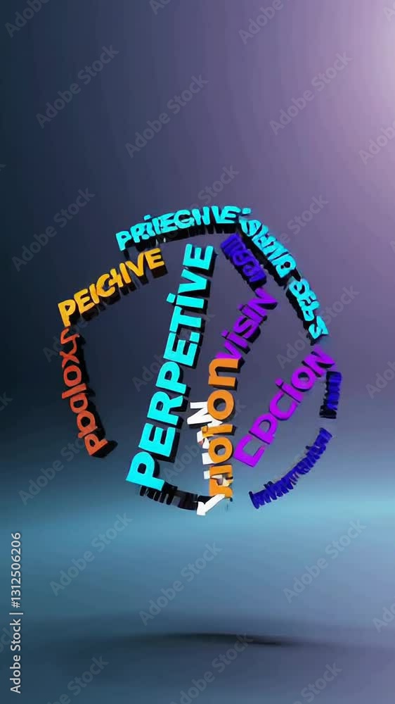 Poster Dynamic rotating typography sphere showcasing innovation and perspective in vibrant colors