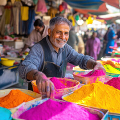 cheerful vendor at vibrant Holi market displays colorful powdered dyes, inviting customers to celebrate festival with joy and vivid hues