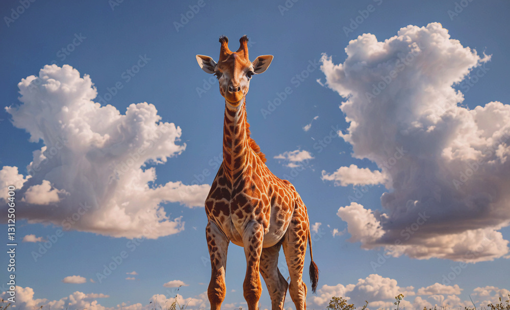 Aufkleber giraffe stands in front of a cloudy sky. the giraffe is looking up at the sky, and the clouds are sc