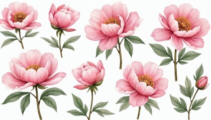 Watercolor drawing set of fresh pink peony flowers. Decorative botanical peony arrangement with rose, bloom, bud for invitation, romantic card or wedding. Summer flowers with leaf bunch.