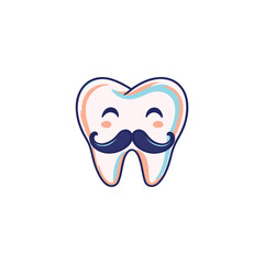 Dental Logo Design Dentist Logo ,Whimsical Tooth Cartoon Vector: Playful Smiling Tooth with a Dapper Blue Mustache