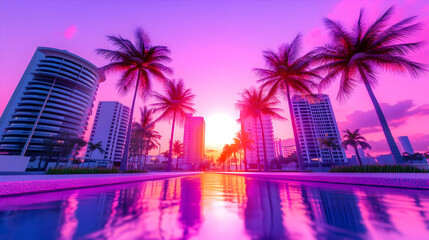 Obraz premium Pink And Purple Sunset Over A City With Palm Trees