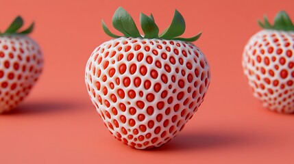 Three white strawberries arranged on a coral background, possibly for healthy eating promotion