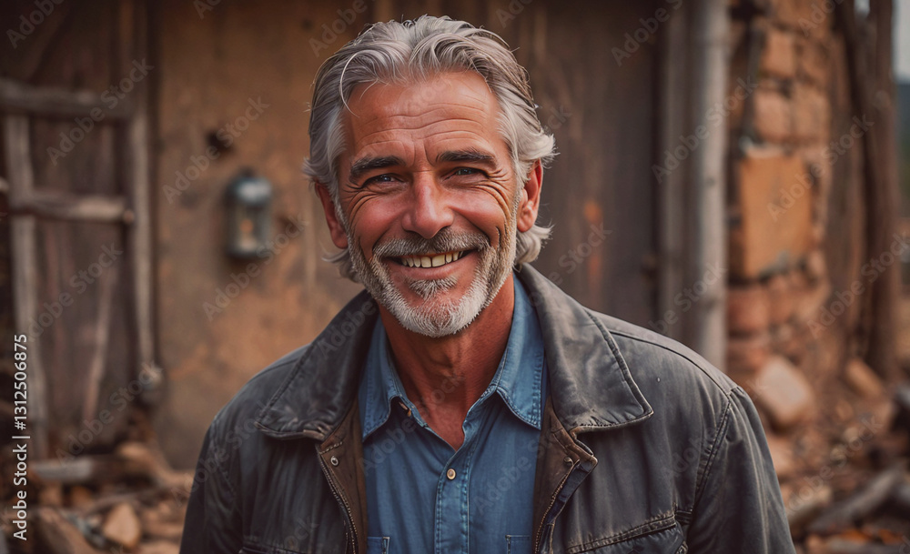 Poster Man with a beard and gray hair is smiling and wearing a jacket. He is standing in front of a building