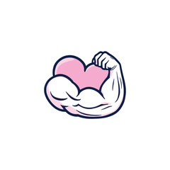 Fitness & Strong icon, Cartoon Flexed Arm Vector: Playful Symbol of Strength and Love with a Pink Heart