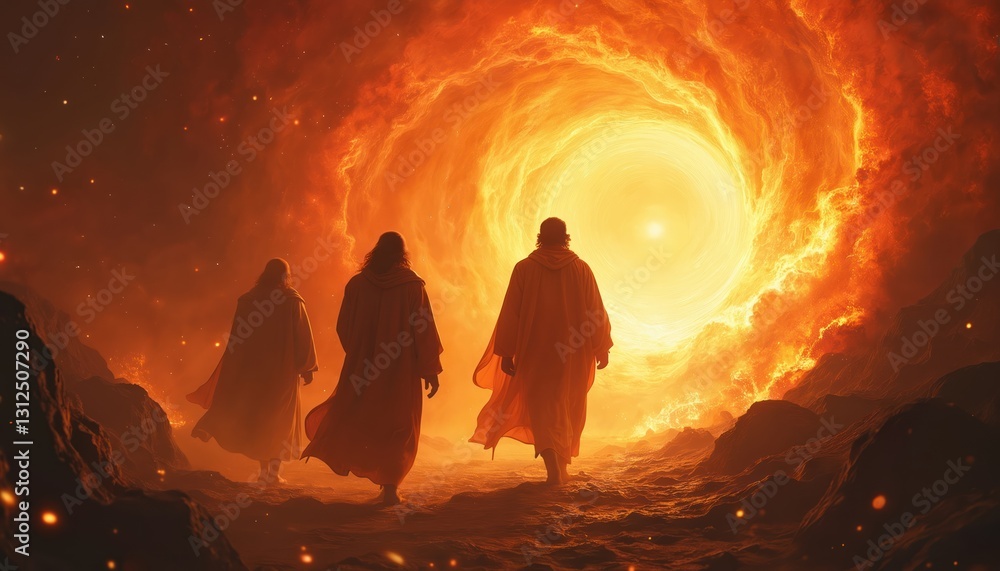 Poster three figures walk towards glowing vortex with nebula clouds. cloaked people stride to light. shadra
