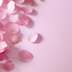 Pink cherry blossom petals gently scattered on soft pastel pink background, creating serene and delicate atmosphere