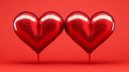 Two red hearts on sticks against red background, romance concept, love themed greeting cards
