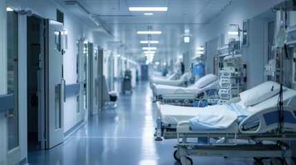Obraz premium Empty Hospital Corridor for Medical Beds, Healthcare.