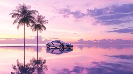 Fototapeta premium Vibrant Dusk Sky Reflecting on Water with Car and Palm Trees