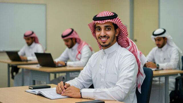 Smiling Arab student actively studying in a classroom, surrounded by peers working on laptops and taking notes.
