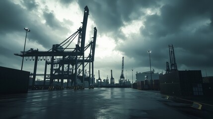 Obraz premium Industrial Shipping Dock with Cranes and Dramatic Cloudy Sky