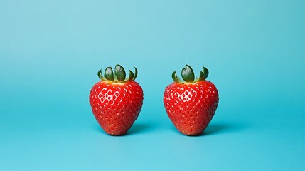 Two strawberries on a blue background, for food product ads or healthy recipe blog posts