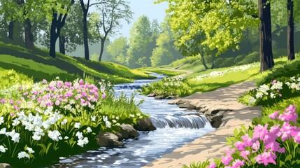 Fototapeta premium Serene Spring Stream: A Picturesque Path Through Blooming Meadows